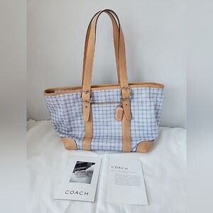 Coach Plaid Tote Bag in Tan and Blue Preppy COACH Hampton M2J-7579 Spring Purse